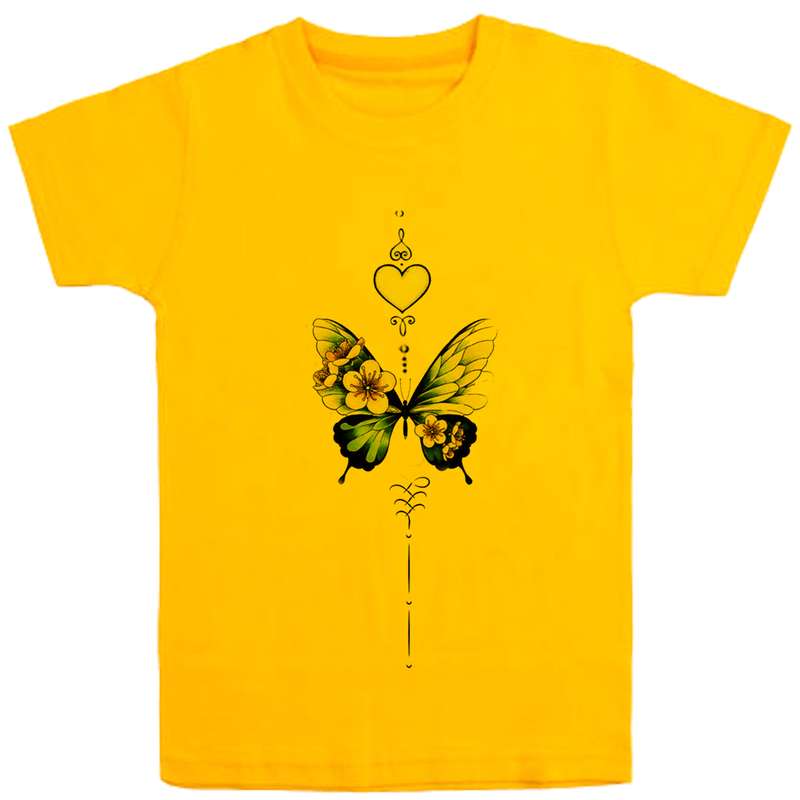 تی شرت آستین کوتاه دخترانه مدل پروانه D62 رنگ زرد