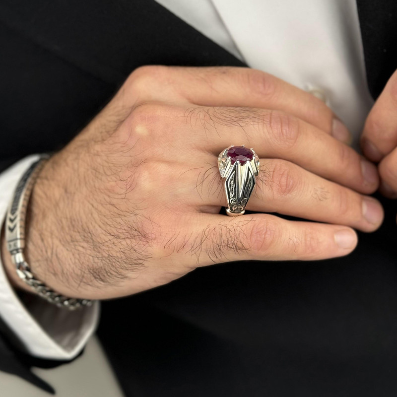 انگشتر نقره مردانه مدل یاقوت سرخ رکاب مخراج دست ساز کد AM_5118