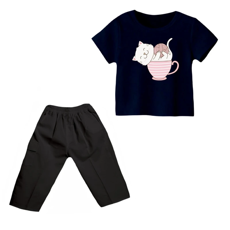 ست تی شرت و شلوارک دخترانه مدل گربه کد ۲۱