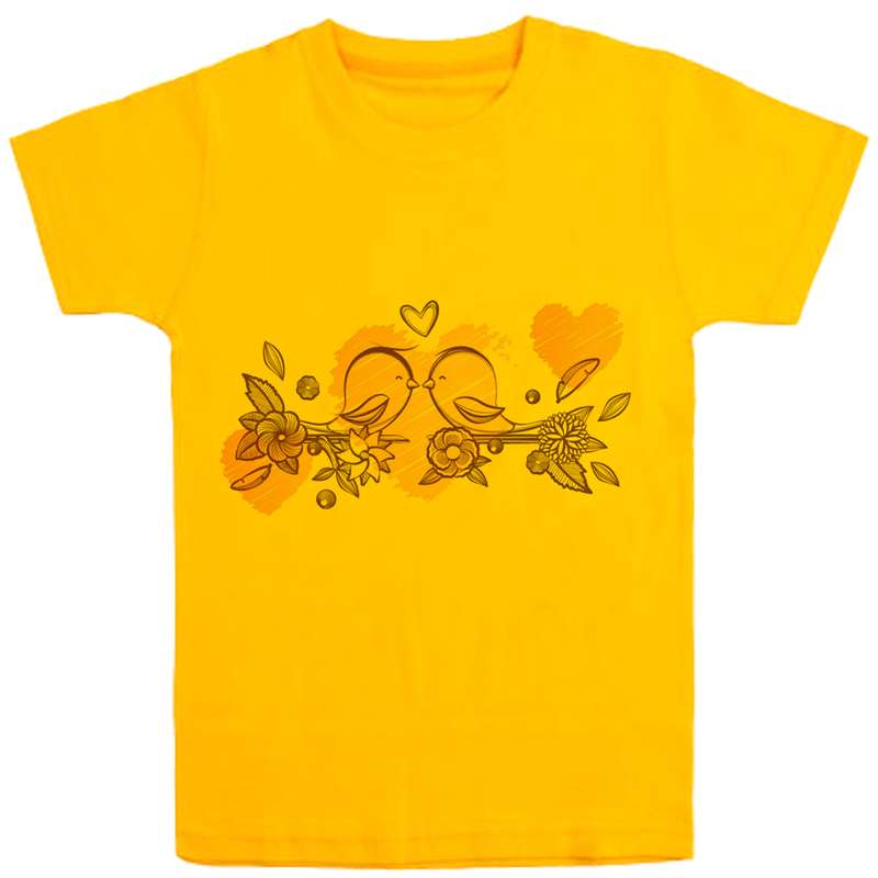 تی شرت آستین کوتاه دخترانه مدل شاخه وگنجشک D53 رنگ زرد
