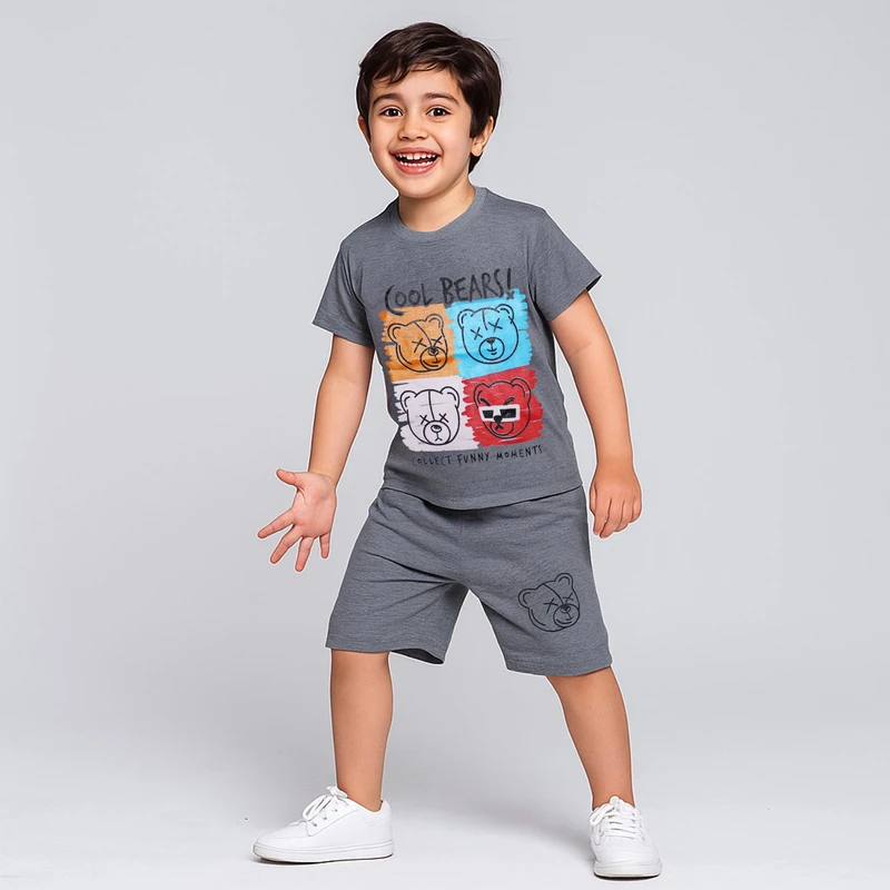 ست تی شرت آستین کوتاه و شلوارک پسرانه چیندکا مدل خرسی کد 1002