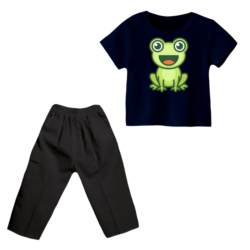 ست تی شرت و شلوارک پسرانه مدل غورباقه کد 5 رنگ سرمه ای