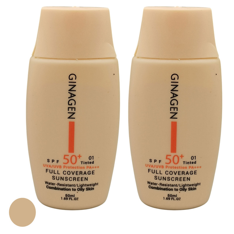 کرم ضد آفتاب رنگی ژیناژن SPF 50 مدل 01 محافظت کننده در برابر اشعه های UVA و UVB مناسب پوست های چرب و مختلط حجم 50 میلی لیتر مجموعه دو عددی