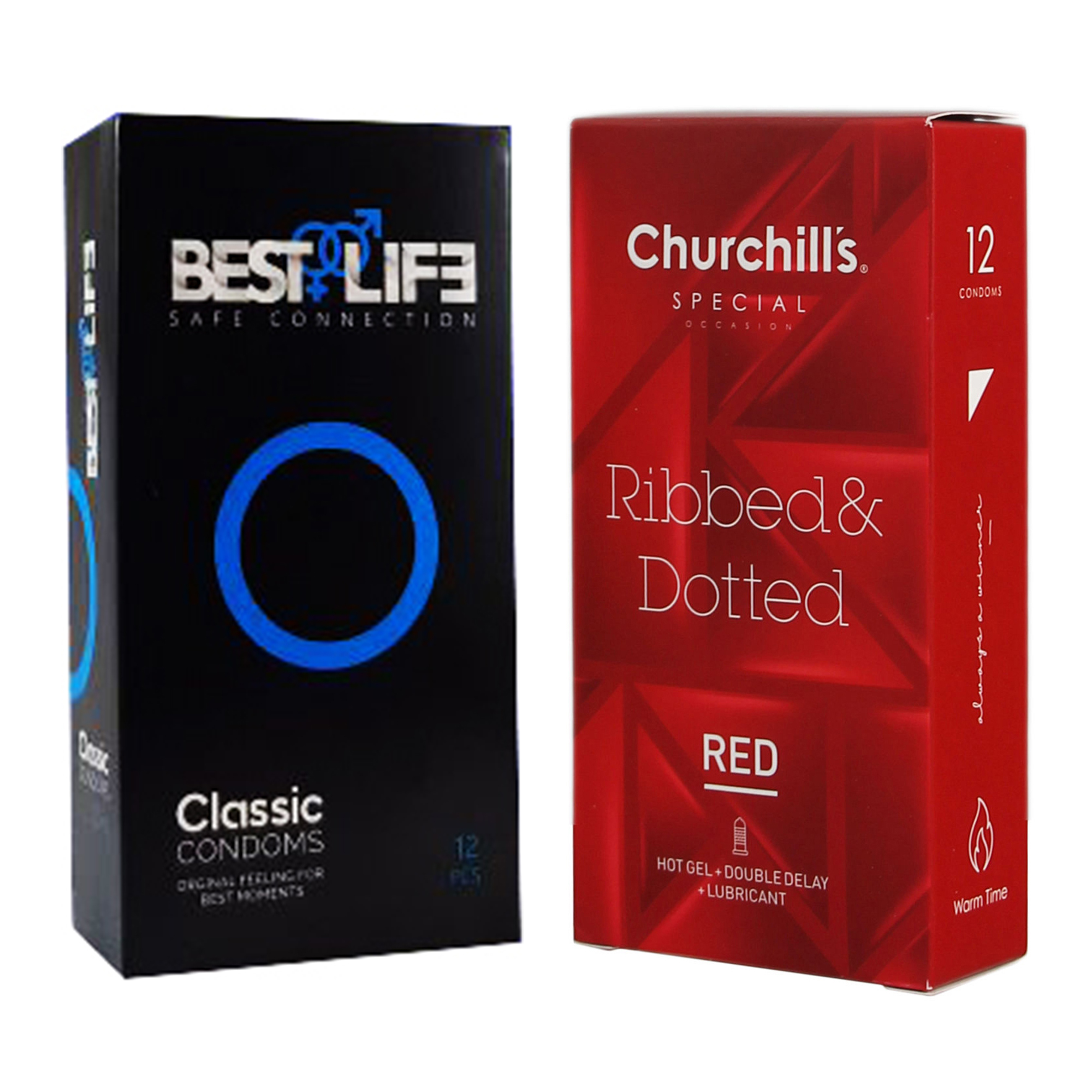 کاندوم چرچیلز مدل Ribbed & Dotted Red بسته 12 عددی به همراه کاندوم بست لایف مدل Classic بسته 12 عددی