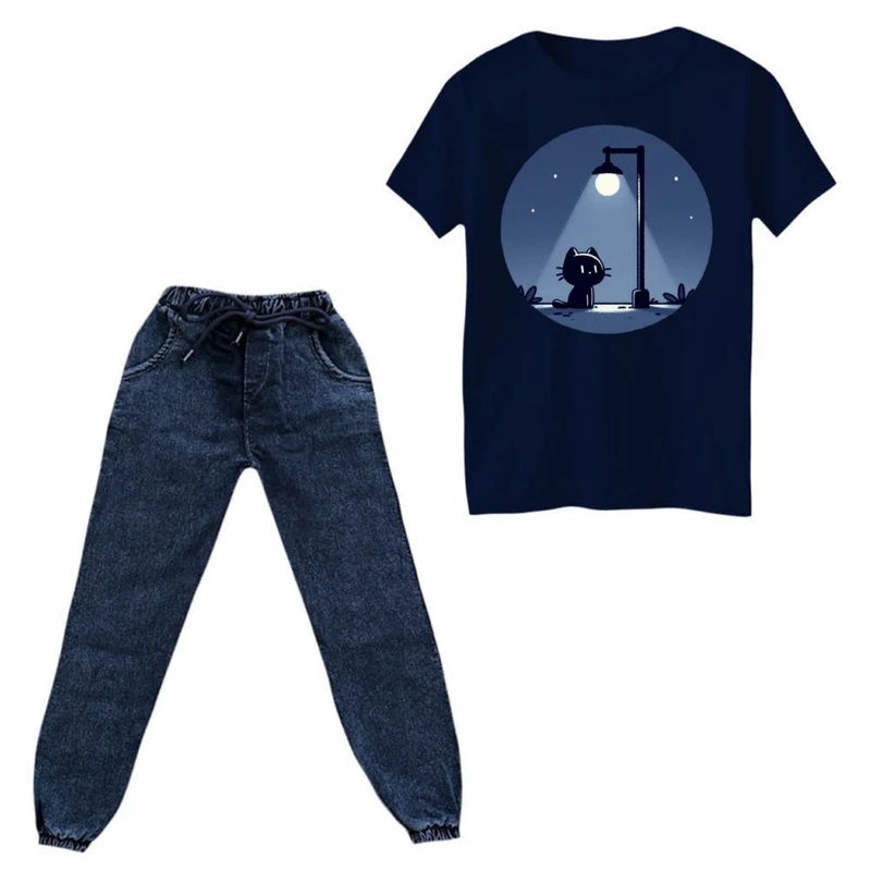 ست تی‌شرت و شلوار دخترانه مدل گربه در شب