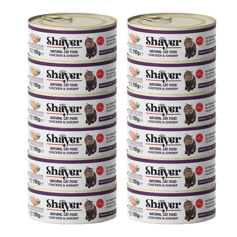 کنسرو غذای گربه شایر مدل پته مرغ و میگو وزن 110 گرم بسته 12 عددی