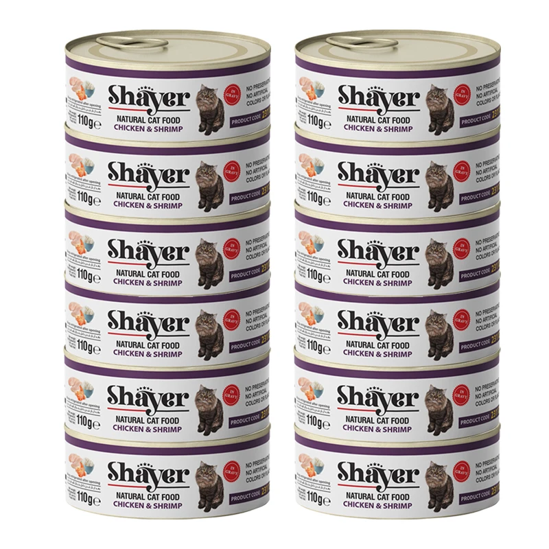 کنسرو غذای گربه شایر مدل پته مرغ و میگو وزن 110 گرم بسته 12 عددی