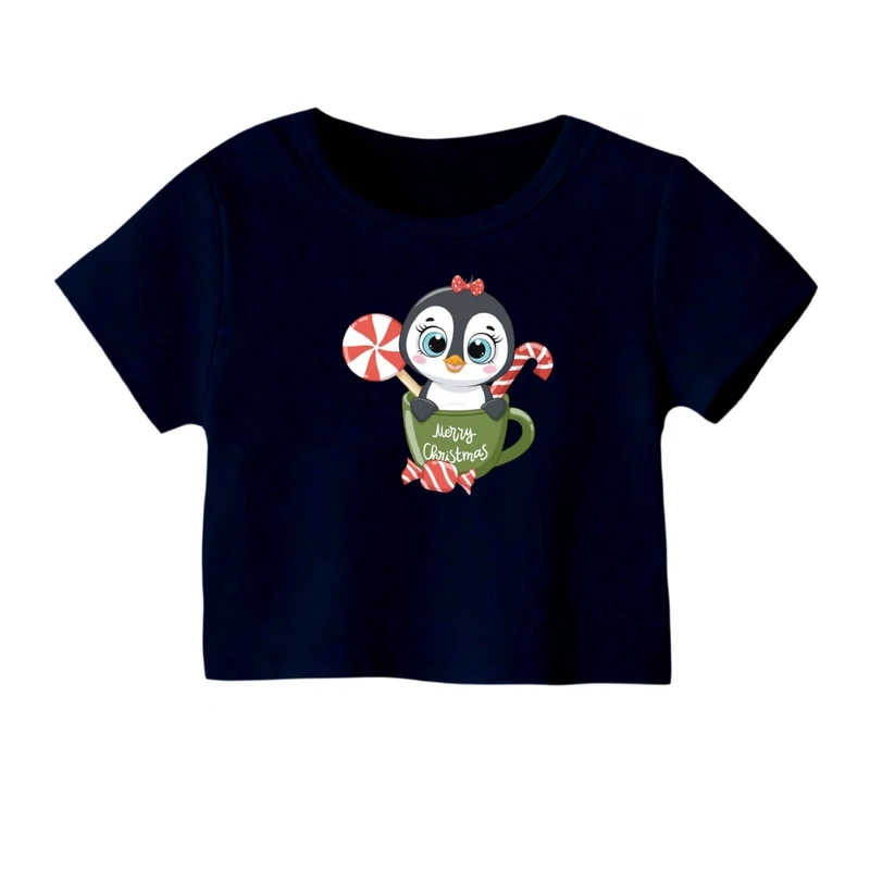 کراپ‌ تی‌شرت آستین کوتاه زنانه مدل پنگوئن کریسمس کد 5