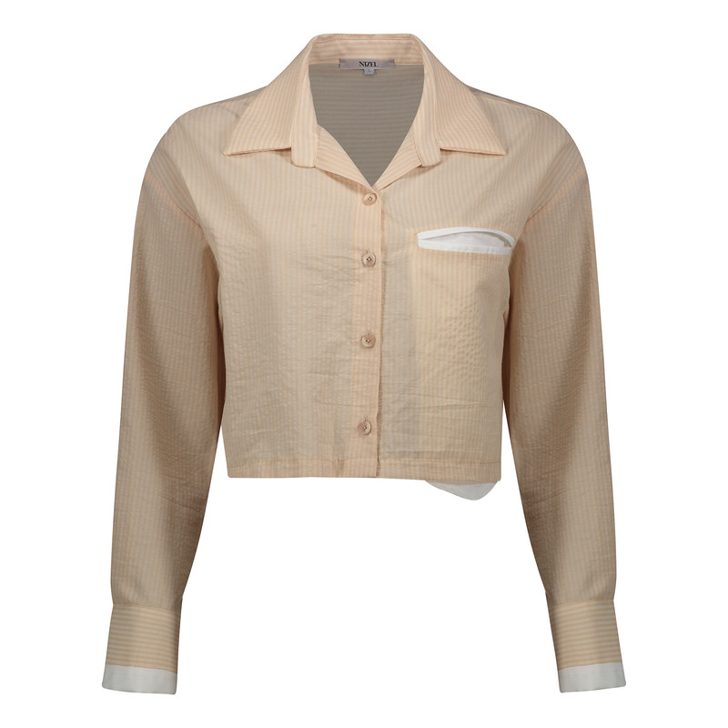 شومیز آستین بلند یقه برگردان زنانه نیزل مدل P01200103191031036 رنگ کرم