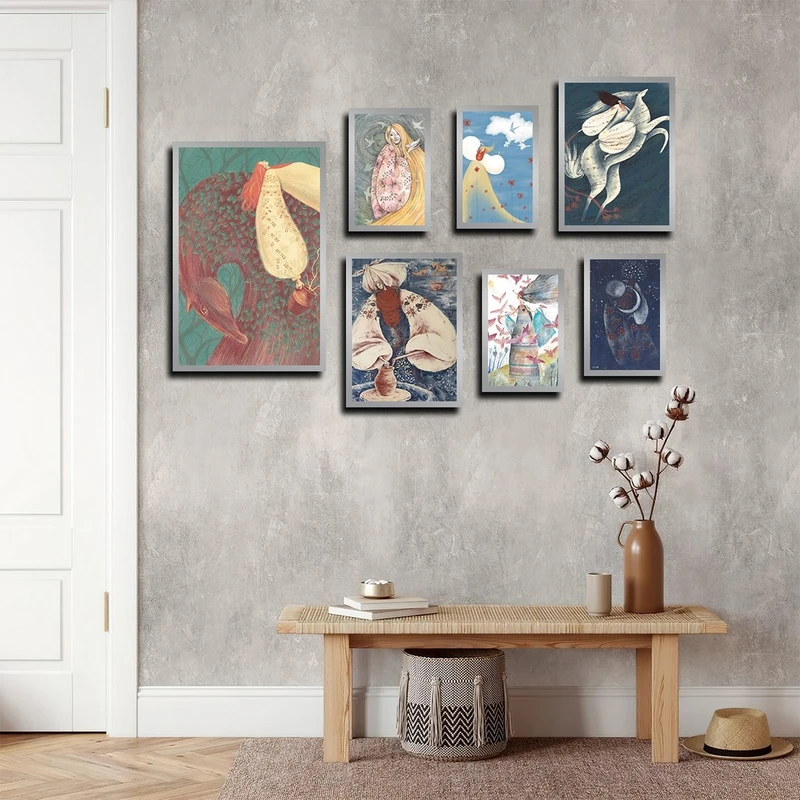 تابلو بکلیت طرح نقاشی انتزاعی و مدرن مدل SI-4016 فریم نقره ای مجموعه 7 عددی