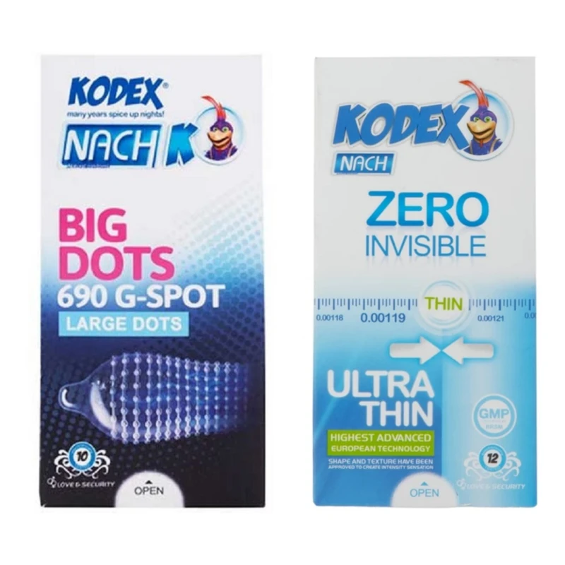 کاندوم خاردار ناچ کدکس مدل بیگ دات بسته 10 عددی به همراه کاندوم کلاسیک ناچ کدکس مدل ZERO INVISIBLE بسته 12 عددی