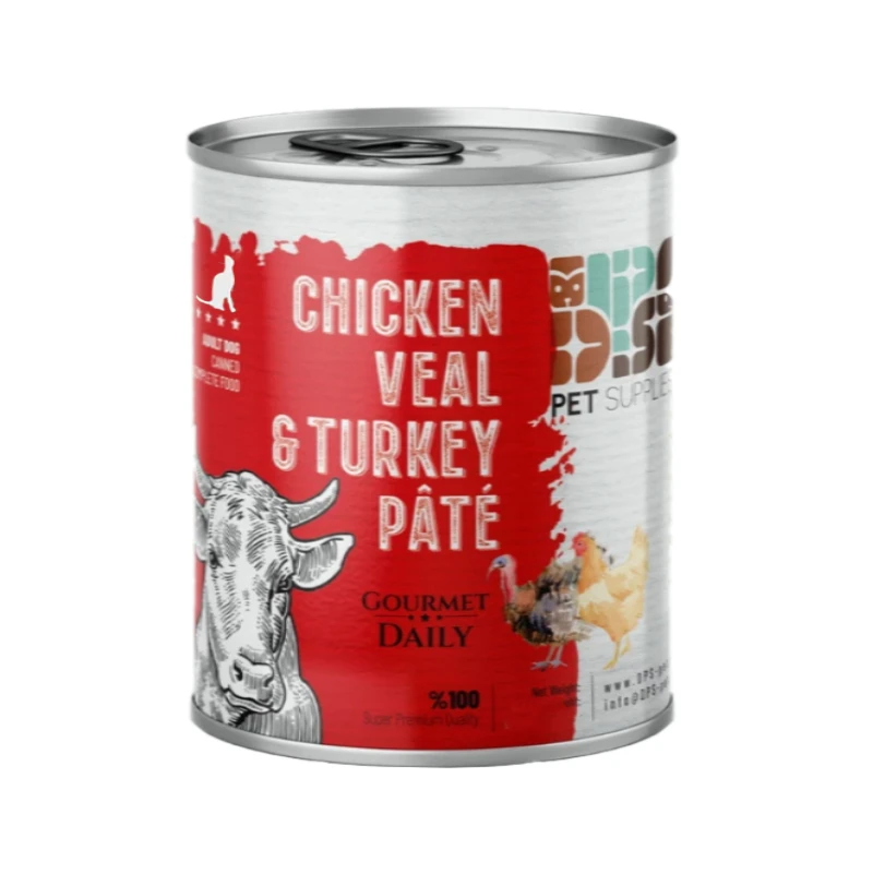 کنسرو غذای گربه بالغ دی پی اس مدل پته طعم مرغ، گوساله و بوقلمون وزن ۸۰۰ گرم