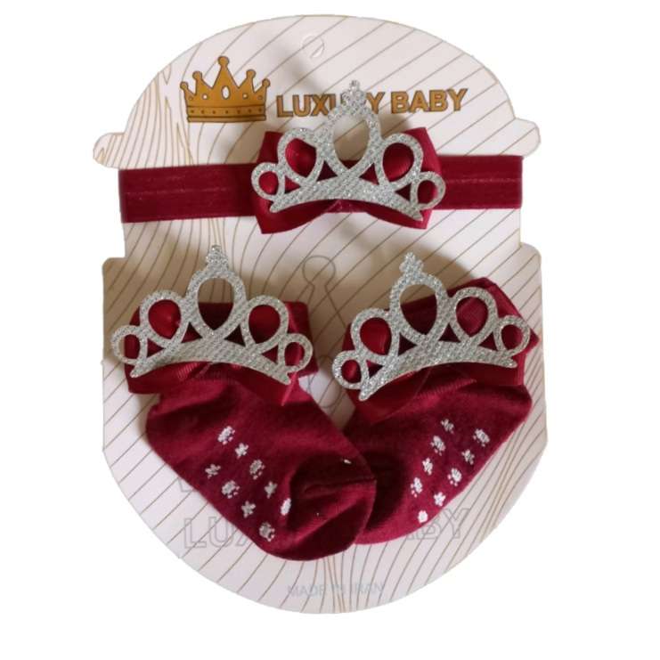 ست هدبند و جوراب نوزادی مدل LUXURY BABY کد 07 رنگ زرشکی