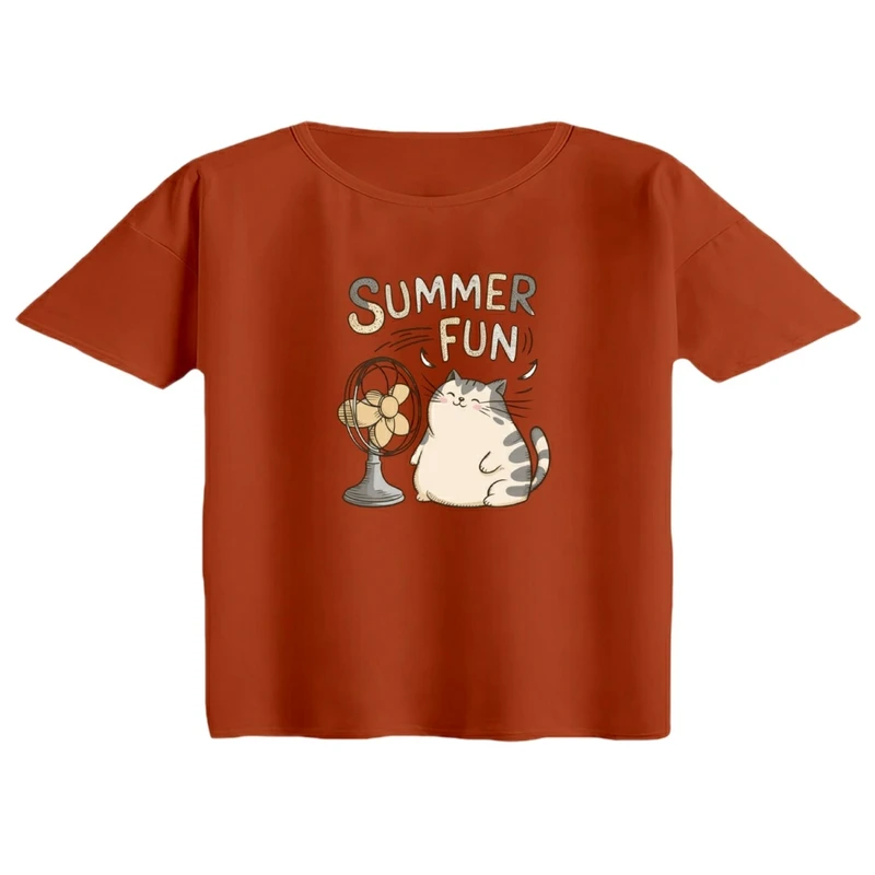 کراپ تی‌شرت آستین کوتاه زنانه مدل گربه گرمایی