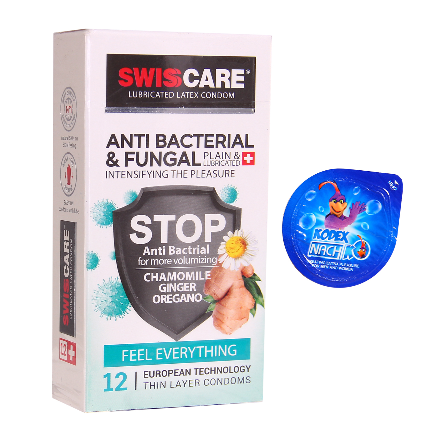 کاندوم سوئیس کر مدل ANTI BACTERIAL بسته 12 عددی به همراه کاندوم ناچ کدکس مدل بلیسر 
