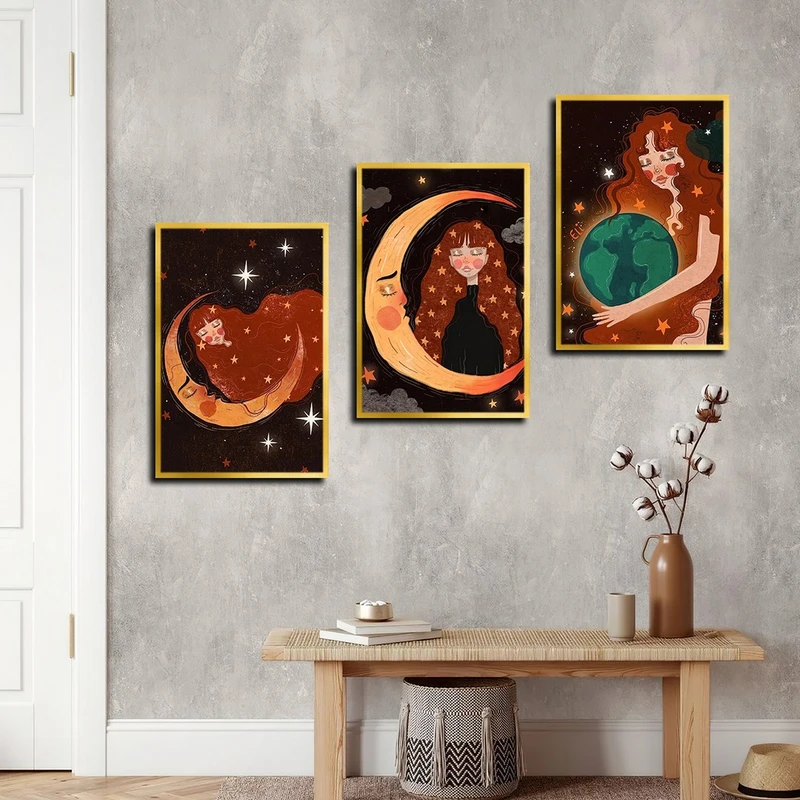 تابلو بکلیت طرح نقاشی دخترانه و انتزاعی ماه مدل T-4009 فریم طلایی مجموعه 3 عددی
