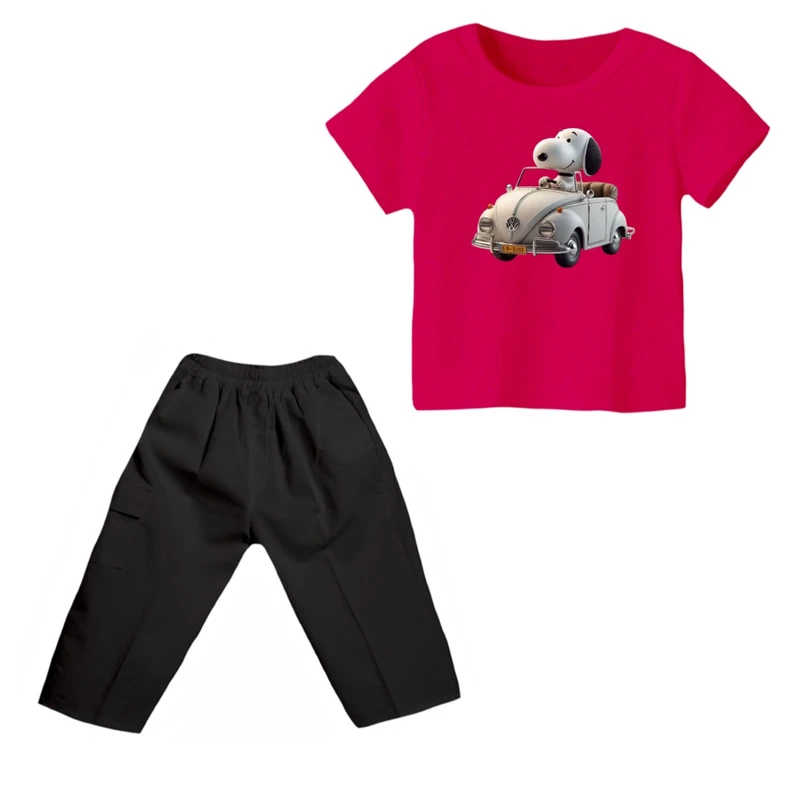 ست تی شرت و شلوارک پسرانه مدل اسنوپی کد ۸ رنگ سرخابی