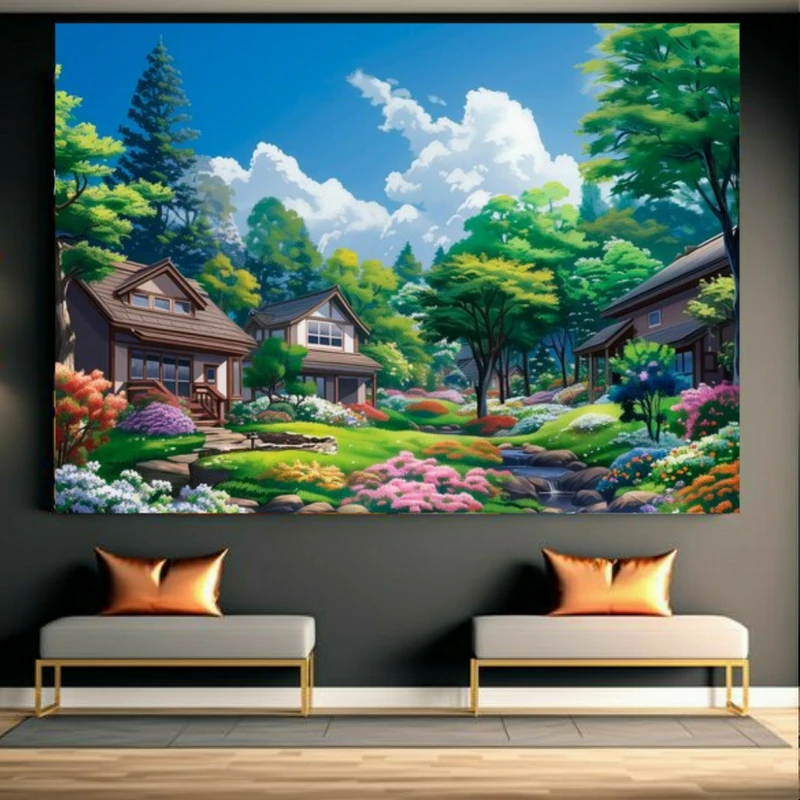 تابلو بوم طرح مخمل نقاشی خانه در طبیعت سرسبز کد GR1110