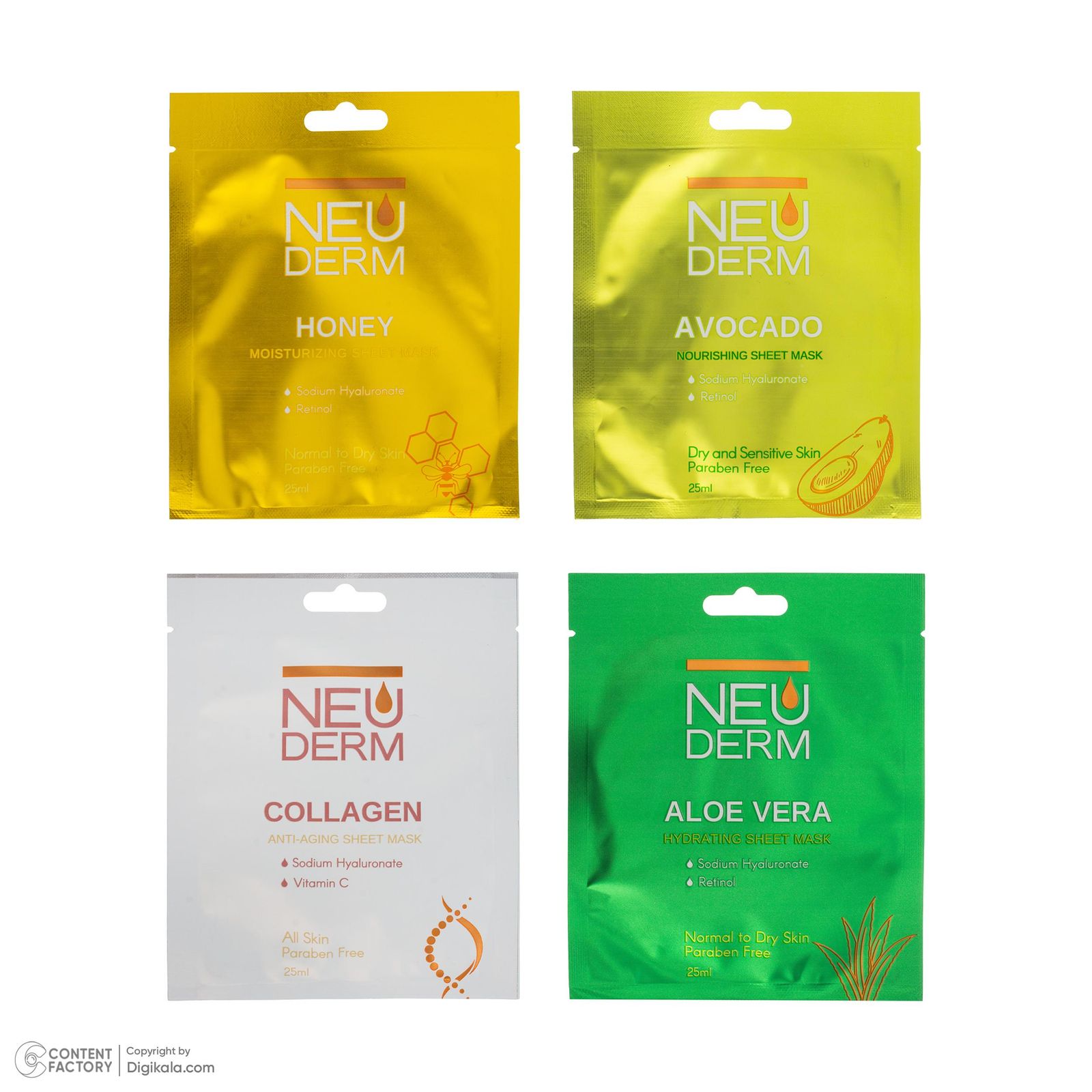 ماسک صورت نئودرم مدل عسل، آلوئه ورا، کلاژن و آووکادو مناسب برای پوست خشک و حساس حجم 25 میلی لیتر بسته 4 عددی -  - 4