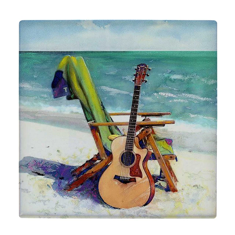 زیر لیوانی  طرح نقاشی گیتار و صندلی کنار ساحل کد    6087125_5181