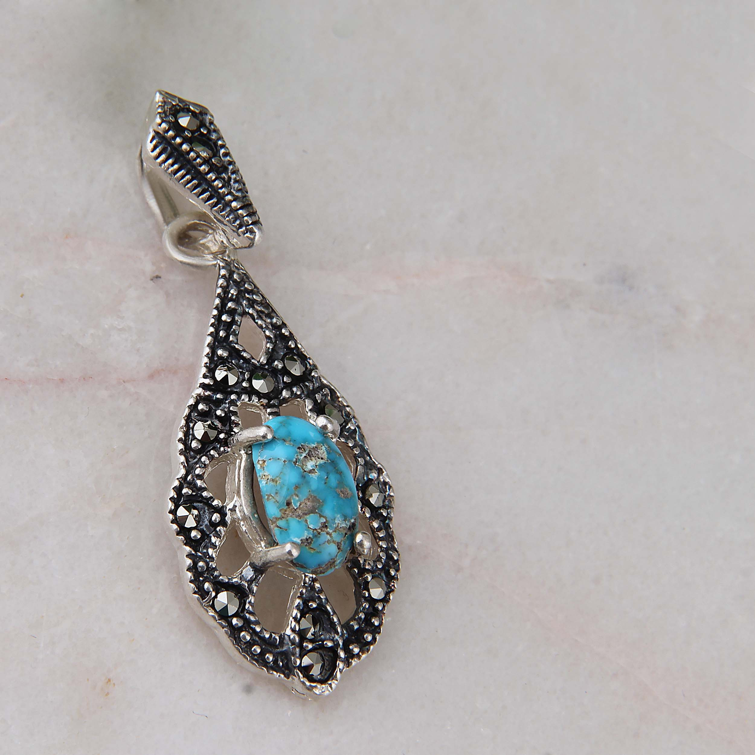 آویز گردنبند نقره زنانه بازرگانی میلادی مدل فیروزه طبیعی نیشابور نگین مارکازیت بدون ریزش کد PK_243