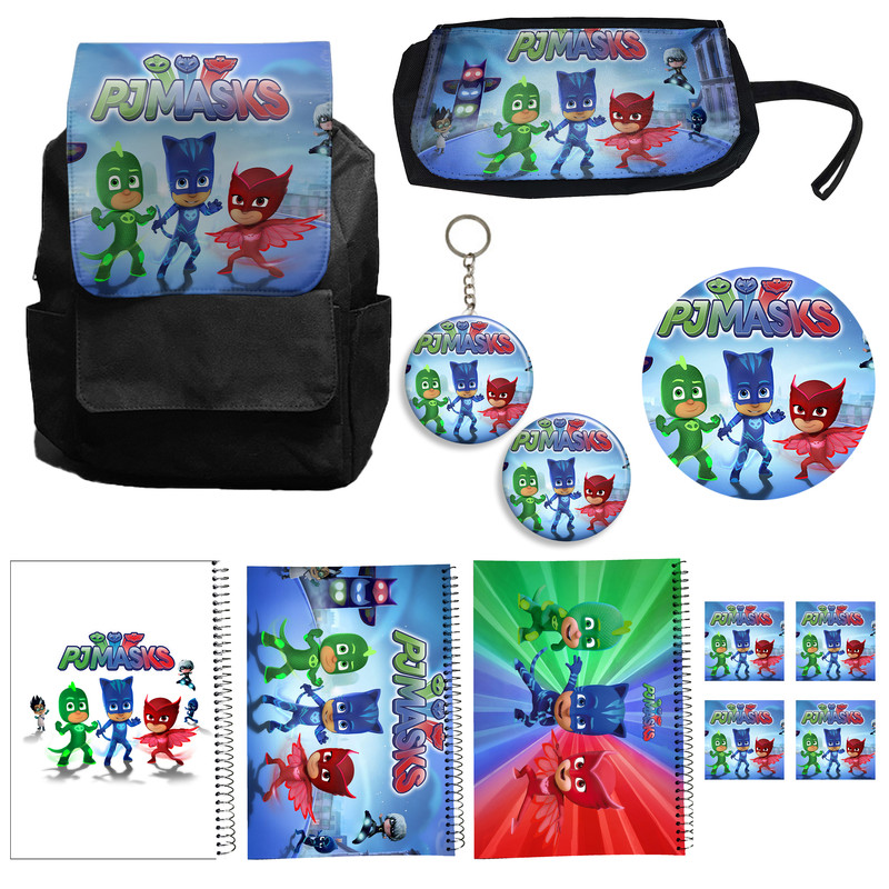 کوله پشتی طرح گروه شب نقاب کد pj masks A2 به همراه دفتر مشق و جامدادی و زیر لیوانی و جاکلیدی مجموعه 12 عددی