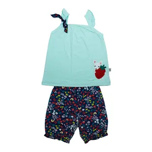 ست تاپ و شلوارک دخترانه طرح توت فرنگی مدل 20308 رنگ آبی