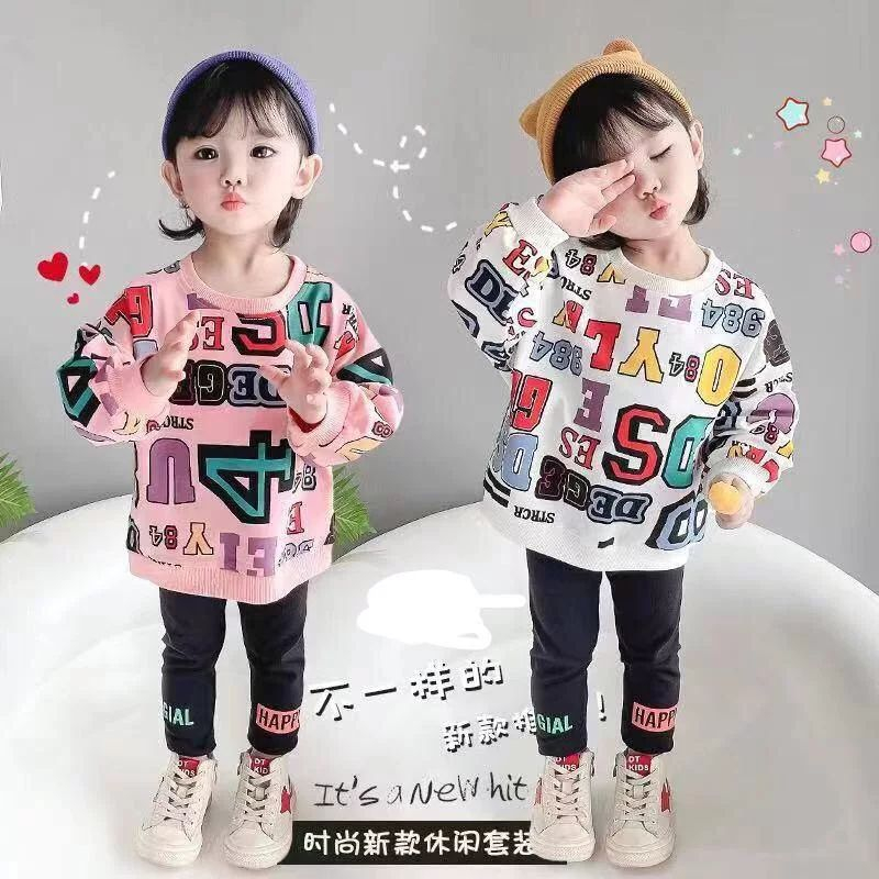 ست تی شرت آستین بلند و شلوار دخترانه مدل حروف انگلیسی