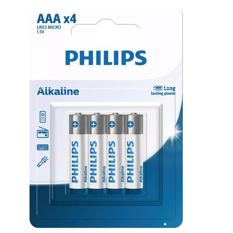 باتری نیم قلمی فیلیپس مدل Alkaline LR03A4B/40 بسته چهار عددی