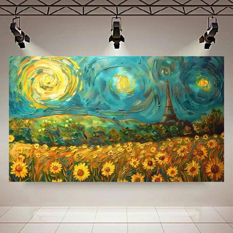 پوستر طرح مخمل انتزاعی نقاشی شب پرستاره ونگوگ مدل مزرعه آفتاب گردان کد PD1784