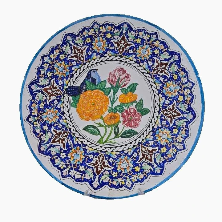 بشقاب میناکاری مسی میناسرای نیکنامی مدل گل و مرغ سنتی کد 30