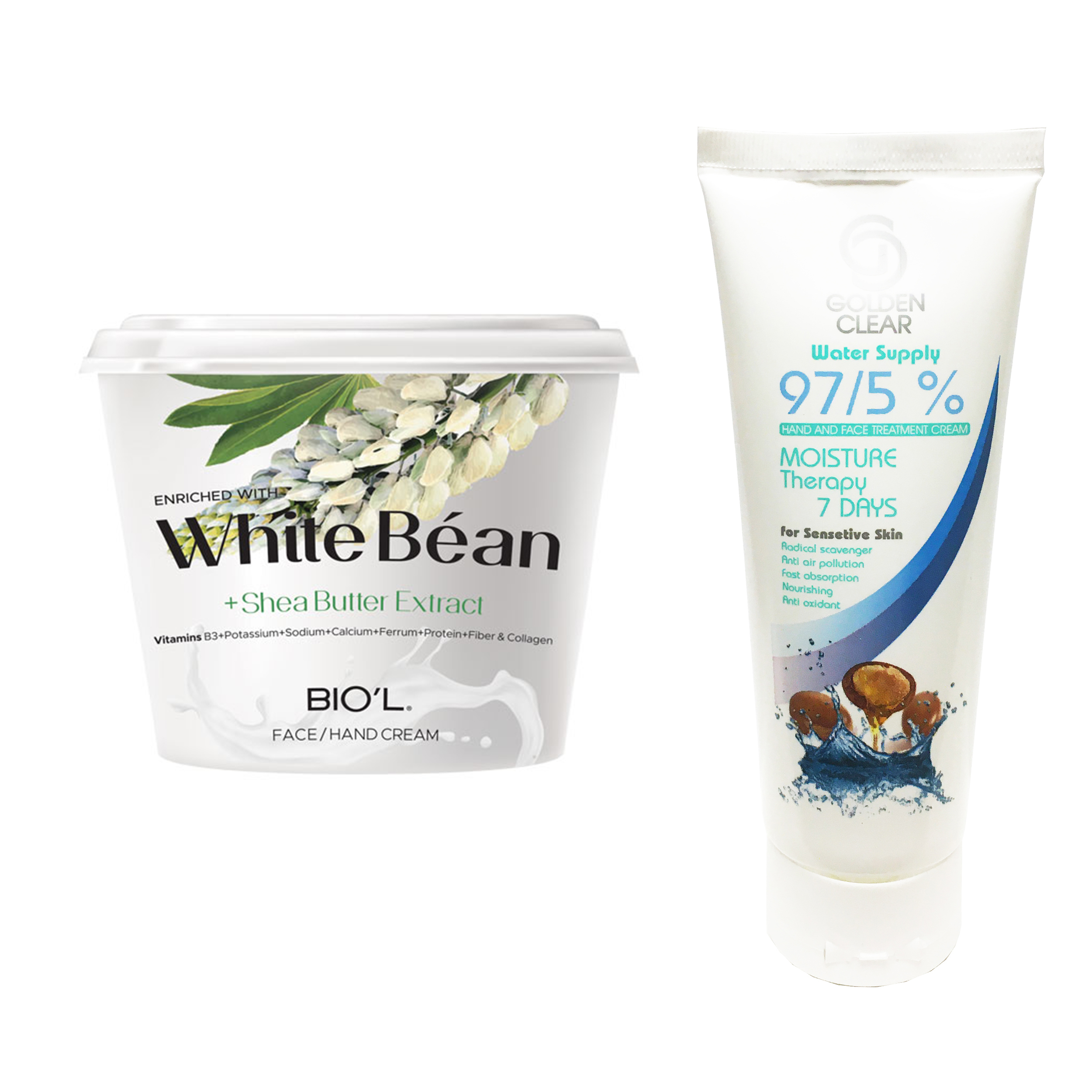 کرم مرطوب کننده بیول مدل White Bean حجم 250 میلی لیتر به همراه کرم مرطوب کننده گلدن کلیر مدل آرگان حجم 75 میلی لیتر 
