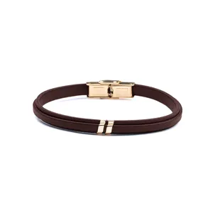 دستبند طلا 18 عیار مردانه با بند چرمی بان گالری مدل ماریو