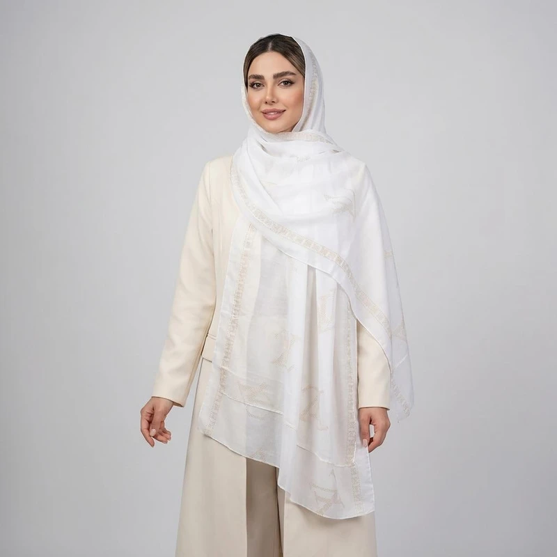 شال زنانه مدل مجلسی دولایه حریر توری نگین دار