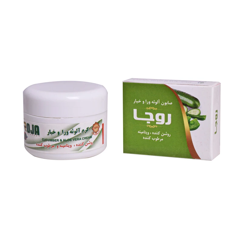 کرم مرطوب کننده روجا مدل آلوئه ورا و خیار حجم 70 میلی لیتر به همراه صابون شستشو روجا مدل هویج آلوئه ورا و خیار وزن 20 گرم