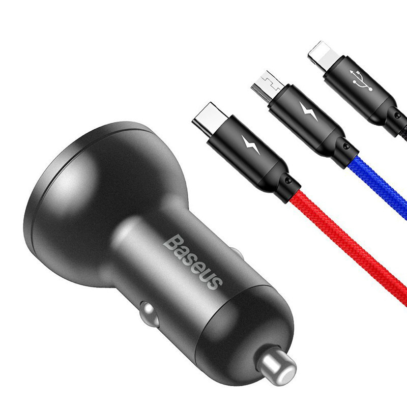 شارژر فندکی  باسئوس مدل Car Charger Suit-24W به همراه کابل تبدیل microUSB/ USB-C / لایتنینگ