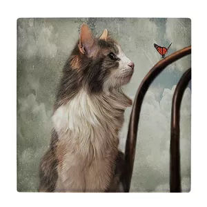  کاشی کارنیلا طرح نقاشی گربه و پروانه مدل لوحی کد klh2041 