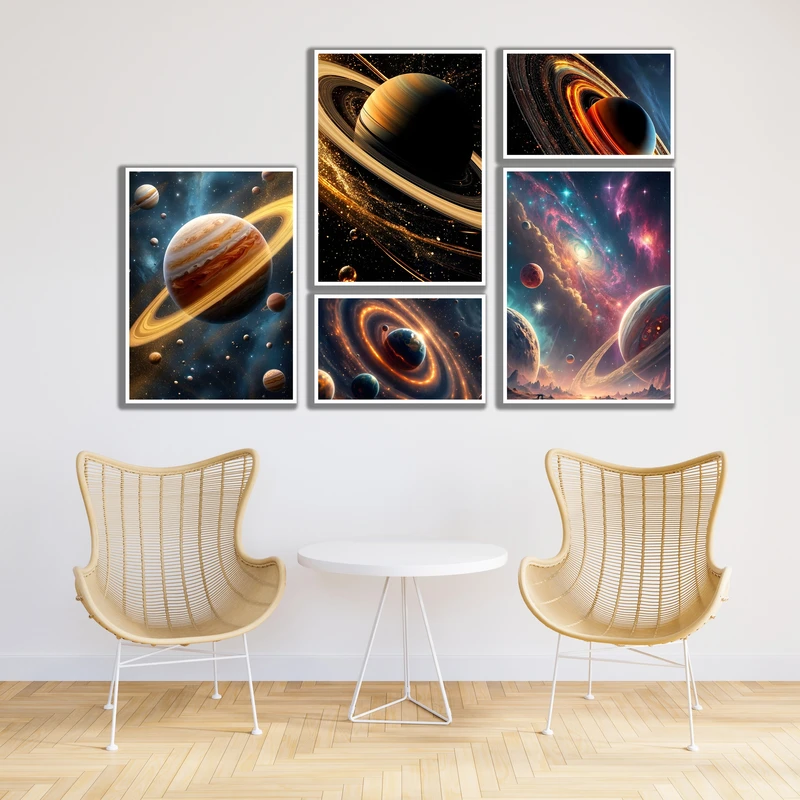 تابلو بکلیت مدل قاب شاسی طرح دکوراتیو کهکشان و منظومه شمسی کد W-MR-1069 مجموعه 5 عددی فریم سفید
