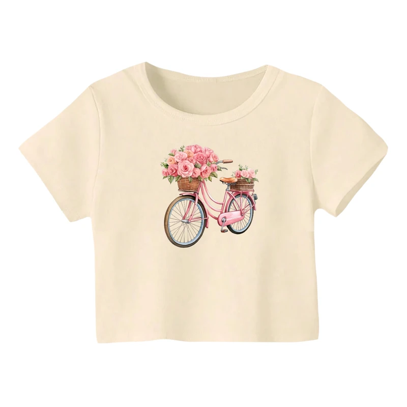 کراپ‌ تی‌شرت آستین کوتاه زنانه مدل دوچرخه کد 5