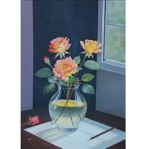 تابلو نقاشی رنگ و روغن به سبک رئال طرح گل و تنگ بلور