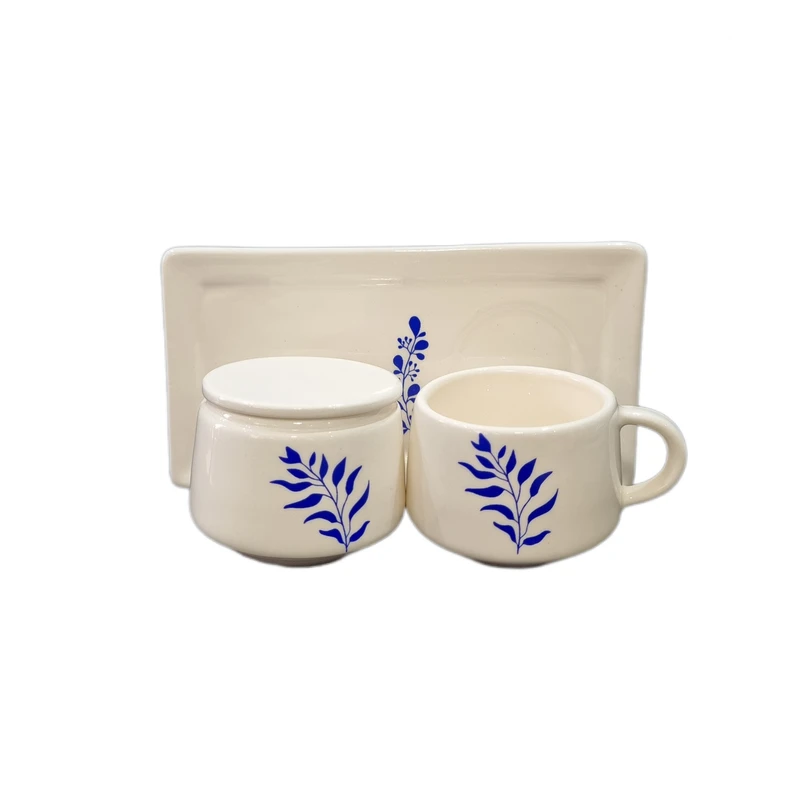 ست فنجان و قندان سرامیکی مدل برگ به همراه زیر لیوانی