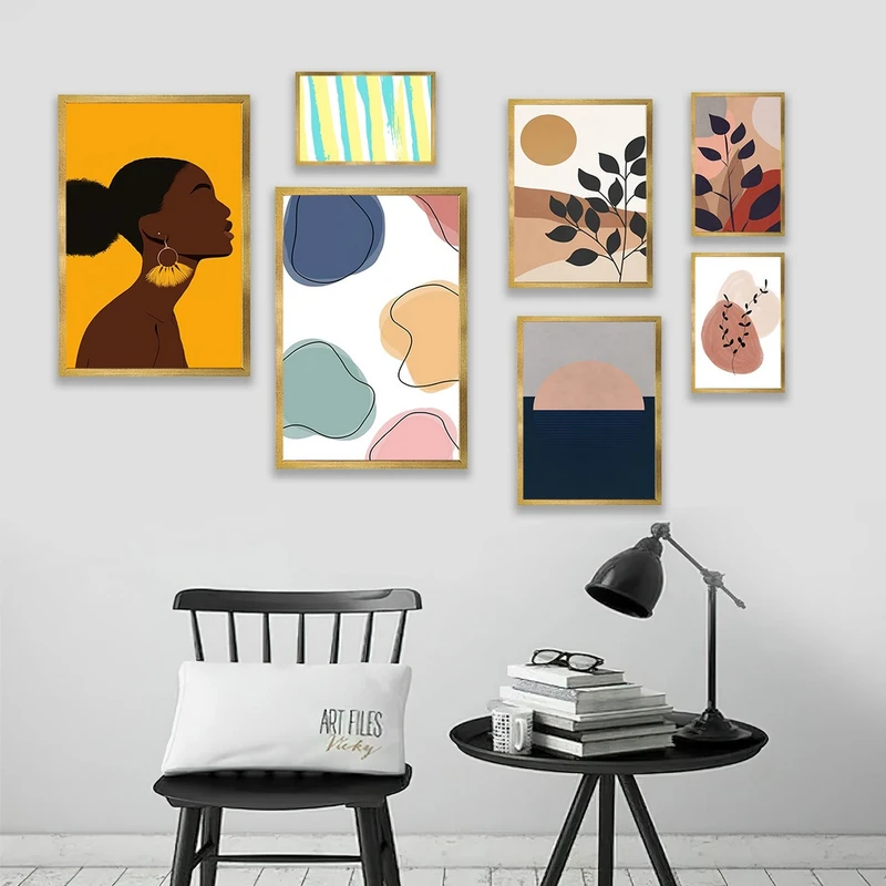 تابلو بکلیت مدل طرح مینیمال دختر سیاه پوست و برگ T-977  مجموعه 7 عددی