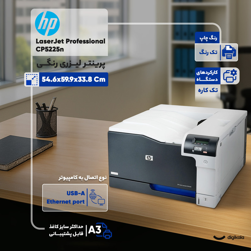 پرینتر اچ پی رنگی تک کاره با چاپ لیزری مدل LaserJet Professional CP5225n، سایز چاپ A3