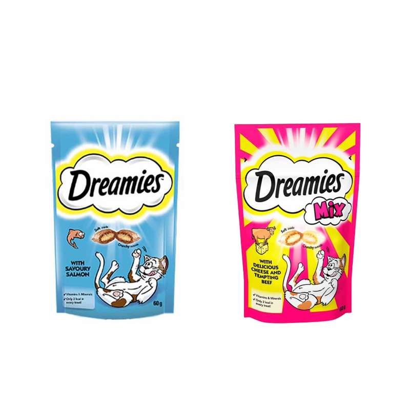 تشویقی گربه دریمیز مدل گوساله و پنیر، سالمون وزن 60 گرم بسته 2 عددی