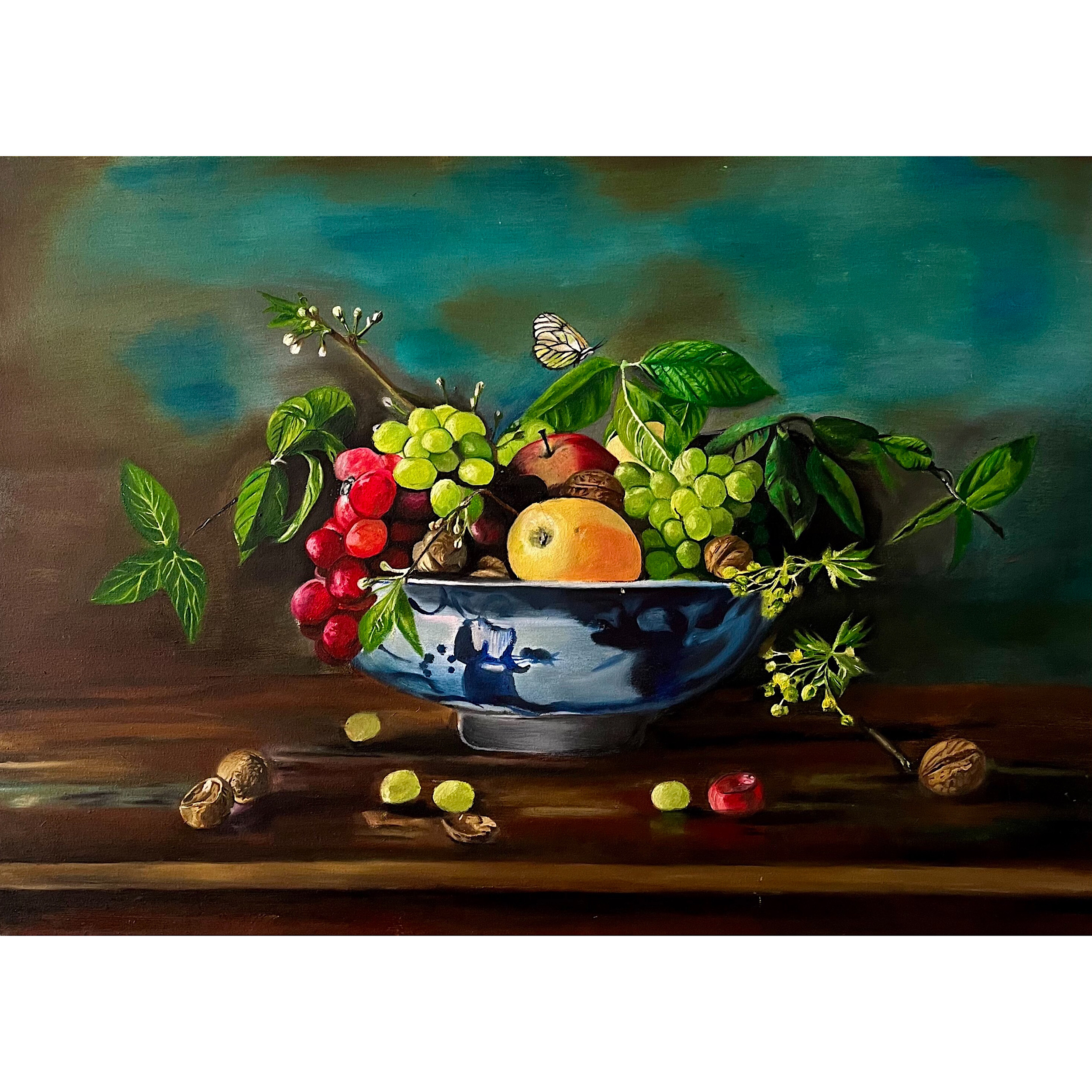تابلونقاشی رنگ روغن طرح ظرف میوه