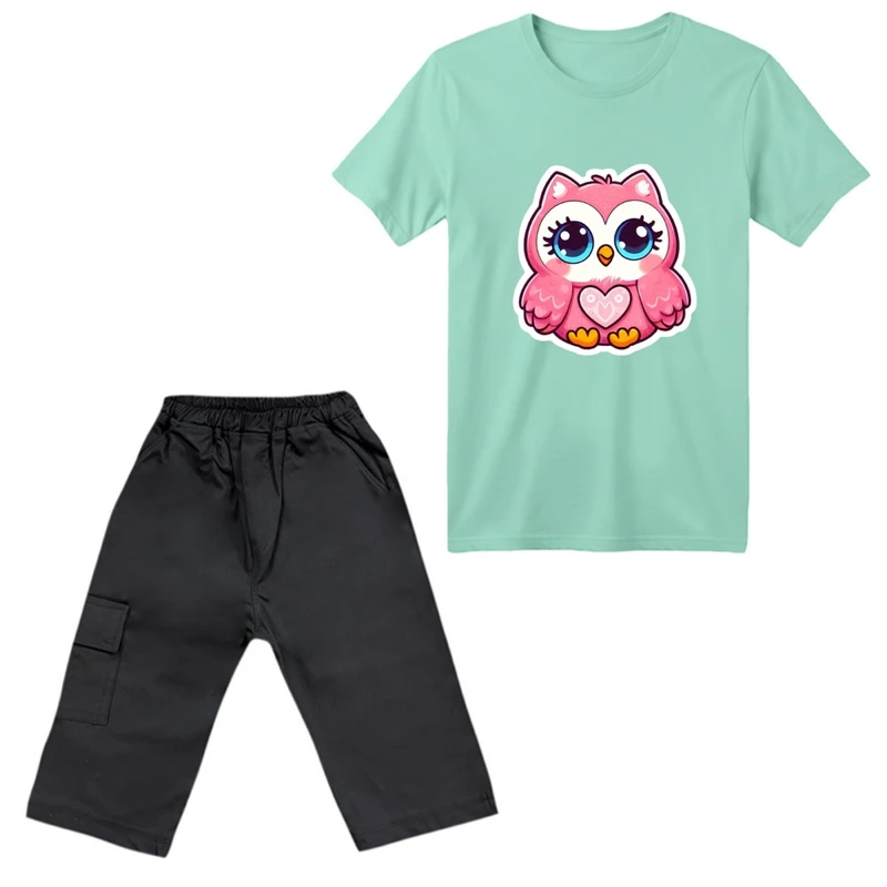 ست تی‌شرت آستین کوتاه و شلوارک پسرانه مدل جغد فانتزی کد 02