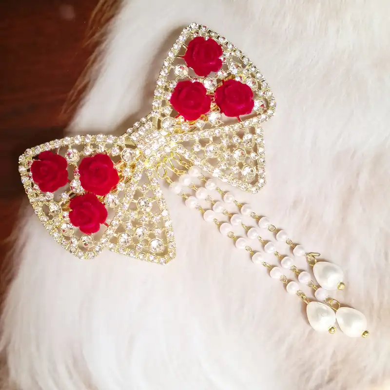 گیره مو زنانه مدل فرانسوی رز مخملی آویزدار کد 4105 brg