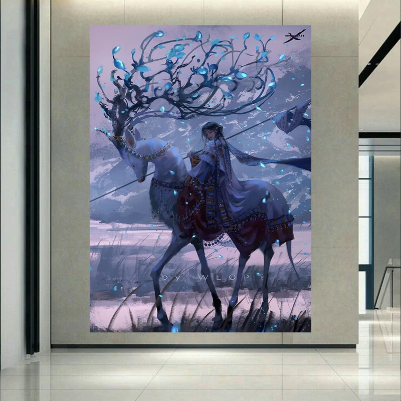 تابلو بوم طرح انیمه دختر سوار بر گوزن شمالی کد AR30947