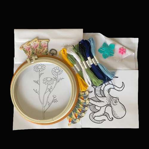 بسته آموزش گلدوزی مدل گل بابونه و اختاپوس کد 7 مجموعه 31 عددی