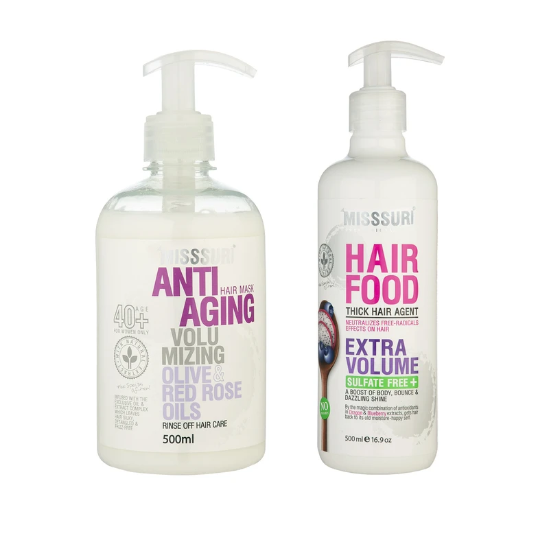 ماسک مو میسوری مدل ضد پیری مناسب موهای خشک حجم 500 میلی لیتر به همراه ماسک مو میسوری مدل حجم دهنده مناسب موهای خشک حجم 500 میلی لیتر